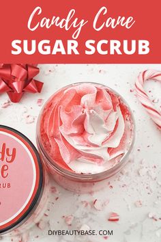 candy cane sugar scrub in a bowl next to a red bow and white background with text overlay that says candy cane sugar scrub