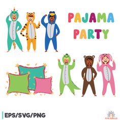 Pajama Day Party ClipartAnimal clipart pajamas set includes 6 kids boys and girls wearing unicorn, dinosaur, bear, rabbit, tiger, penguin pajamas.Children in kigurumi are perfect for decorating a pajama party. Ideal for banners, posters, postcards, scribbles, Tshirts and can be used on a variety of graphic products.To contact me and tag the use of my products on Instagram @anka.drozd. I would love to see your feedback. They mean a lot to me. They help me create better and better products.Thank y Nursery Games, Unicorn Dinosaur, Penguin Pajamas, Childrens Pyjamas, Animal Pajamas, Pajama Day, Party Clipart, Kids Clipart, Pajama Party