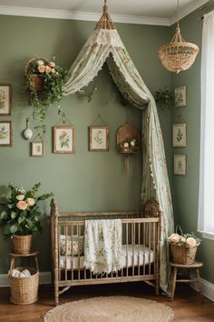 a baby's room decorated in green and white with flowers on the walls, crib, rugs, and wicker baskets