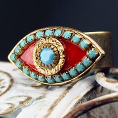 Michael Golan Jewelry from Etsy. My favorite color combo on Earth. Pendant Ring, Turquoise And Coral, Gold Cocktail Ring, Evil Eye Ring, Gold Cocktail, Tropical Summer, Eye Pendant, Creating Jewelry, Blue Eye