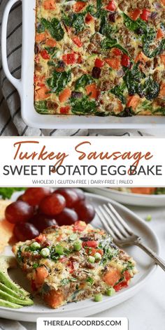 two pictures of turkey sausage and sweet potato egg bake