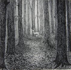 a black and white drawing of a forest with a deer in the distance, surrounded by trees