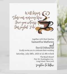 a wedding card with a coffee cup on it