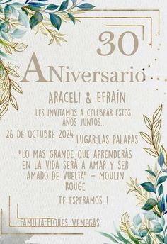 an anniversary card with flowers and leaves in gold on white paper, which reads 30 annivers