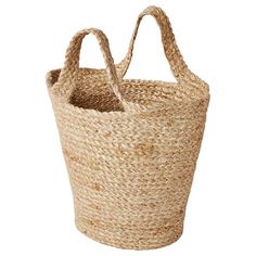 a large jute basket with handles on an isolated white background