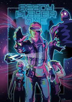 the poster for ready player one, featuring two men in space suits and an alien like creature