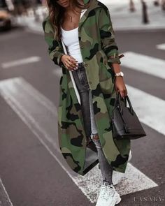 Lasaky - Camouflage Print Long Sleeve Trench Coat Longline Trench Coat, Windbreaker Fashion, Camouflage Fashion, Winter Fashion Coats, Camouflage Jacket, Long Trench, Long Trench Coat, Trench Coats Women, Womens Loungewear