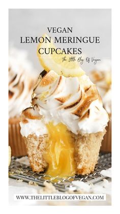 vegan lemon meringue cupcakes on a cooling rack with the title overlay