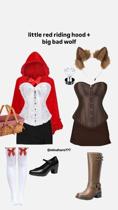 a woman in red riding hoodie and brown corset with white tights