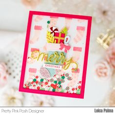 a pink and white christmas card with the word merry on it