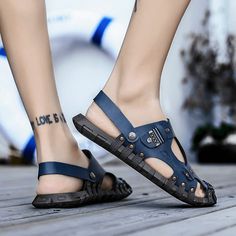 Color: Black,Blue,Brown Closure Type: Slip-On Feature: Lightweight,Toe-Protected,Soft,Slip Resistant,Two-ways Size: US 10.5,US 8,US 9,US 10,US 7.5,US 8.5,US 6.5 Shoes Type: Beach Sandals Toe Type: Opened Upper Material: Genuine Leather Outsole Material: Rubber Blue Leather Sandals For Outdoor, Slippers Online, Light Sneakers, Genuine Leather Sandals, Sandals Casual, Men Loafers, Loafer Sneakers, Shoe Boot Sandals, How To Stretch Boots