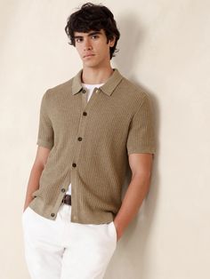 Cotton Textured Sweater Polo | Banana Republic Factory Business Casual Polo Top With Button Closure, Fall Collared Polo Shirt With Buttons, Fall Collared Polo Shirt, Casual Henley With Buttons For Work, Polo Collar Tops With Buttons For Fall, Fall Polo Collar Top With Button Closure, Collared Cotton Cardigan For Workwear, Cotton Polo Shirt With Ribbed Cuffs For Fall, Collared Sweater With Button Closure