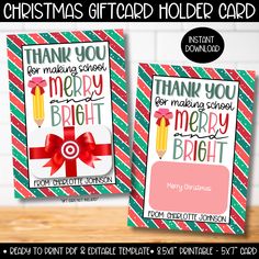 two christmas cards with the words thank you for making school merry bright