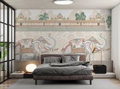 a bedroom with an elephant mural on the wall