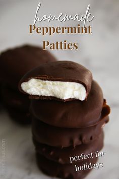 chocolate peppermint patties are stacked on top of each other