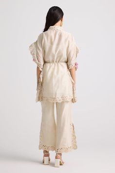 Ivory chanderi kaftan shirt with floral chainstitch, thread, beads and cutwork embroidery. - Aza Fashions Kaftan Shirt, Kaftan Pattern, Tuxedo Accessories, Pant For Women, Cutwork Embroidery, Cotton Slip, International Style, Shirt For Women, Cut Work