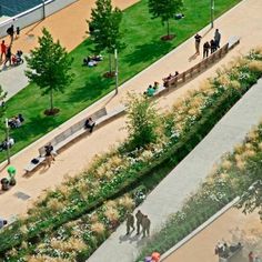 an aerial view of people walking and sitting on benches