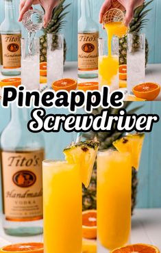 the pineapple screwdriver cocktail is garnished with orange slices