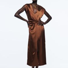 This Midi Chocolate Silk Zara Dress With A Cutout Is Perfect For Any Occasion. Dress It Up With Heels And A Shawl Or Down With Sandals. Never Worn. Tags Still Attached. No Blemishes, Just Kept It Too Long Past The Return Date. Zara Satin Dress, Zara Printed Dress, Silk Bralette, Zara Midi Dress, Zara Dress, Brown Silk, Midi Shirt Dress, Animal Print Dresses, Tube Dress