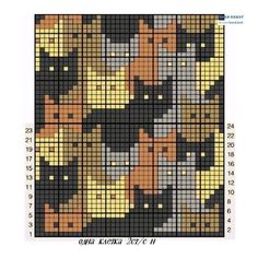 a cross stitch pattern with cats in different colors and sizes on the same fabric, as well as numbers