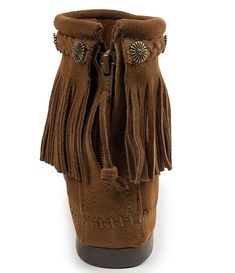 Minnetonka Concho Suede Fringe Boots | Dillard's Suede Fringe Boots With Closed Toe, Suede Fringe Boots, Fringe Boots, Suede Fringe, Antique Metal, Dillard's, Clothing Accessories, Womens Boots, Latest Trends