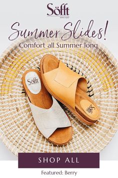 Our fresh new summer slide brings you the luxurious feel of soft, premium leathers with plush, supportive comfort in every step. You’ll love the Berry’s unique cross-front silhouette and the cushioned cork footbed designed to keep you comfortable all day long. Luxury Closed Toe Footbed Sandals With Removable Insole, Luxury Leather Sole Court Shoes For Summer, Womens Shoes Flats, Summer Slides, Summer Slide, Sofft Shoes, Makeup Clothes, Shoes And Boots, Leather Cushion