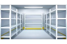 empty white shelves with yellow trims in a warehouse or office building, 3d rendering