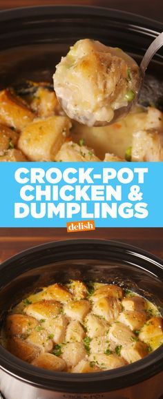 crock - pot chicken and dumplings in a slow cooker with text overlay