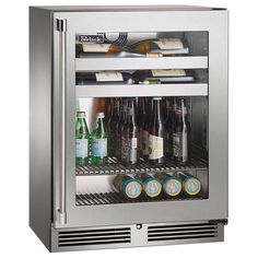 a stainless steel beverage cooler filled with bottles