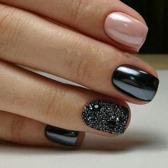 Black associated with power, strength, mystery, elegance, and sophistication, black is the darkest color. When you want to be elegant, you can't go wrong with wearing black. And that applies to more than just your dress. If you want to try something new, why not opt for gel black nails matte black nails? This design lo Cuticle Sparkle Nails, Acrylic Manicure Ideas, Short Coffin Black Nails Designs, Gel Nails Ideas Black Women, Black And Glitter Nails Short, Purplish Grey Nails, Black Nails Shellac, Simple Nye Nails Short, Short Nail Designs Gel Simple Art Ideas