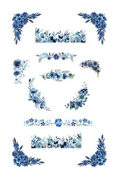 some blue flowers and leaves on a white background