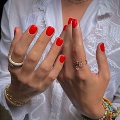 Red Nails Summer Short, Simple Gel Nails Short Summer, Bright Summer Red Nails, Miniluxe Nails, Red Nail Summer, Bright Red Pedicure, Elegant Nails Red, Orangey Red Nails, Summer Red Nails