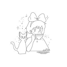 a drawing of a girl and her cat eating food from a plate on the table