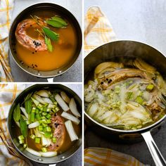 four pictures show different stages of cooking vegetables and meats in a pot with spoons