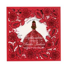 a card with a red dress and flowers on it