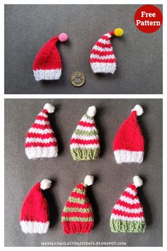 knitted christmas hats with pom - poms and buttons on the top, one is