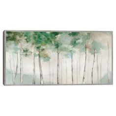 an abstract painting with trees in the foreground and watercolor paint on the background