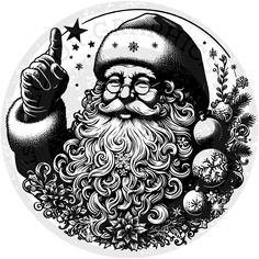 a black and white drawing of santa clause pointing at the viewer with his finger up