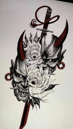 a tattoo design with skulls, flowers and swords on the back of a sheet of paper