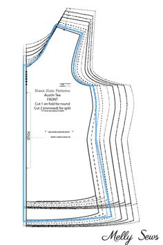 the front and back view of a sewing pattern for a dress with blue lines on it