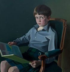 a painting of a boy sitting in a chair holding a book and looking at the camera