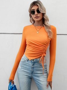 Fitted Long Sleeve Orange Top, Orange Ribbed Crew Neck Top, Trendy Long Sleeve Orange Top, Trendy Orange Long Sleeve Top, Casual Orange Ribbed Top, Trendy Orange Winter Tops, Trendy Orange Fall Tops, Orange Ribbed Tops For Spring, Jersey Pattern