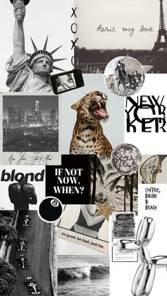 black and white collage with various images including the statue of liberty, new york city, i don't know why?