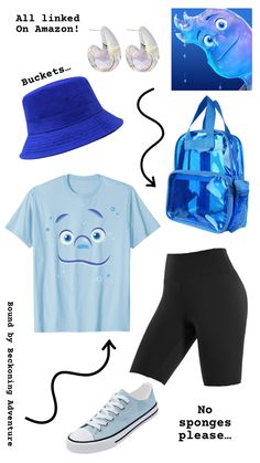 a blue hat, t - shirt and shorts are arranged in the shape of an animal