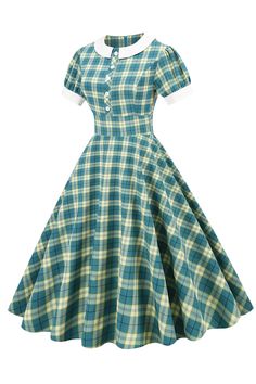 Zapaka Women Green Grid 1950s Dress Jewel Neck Vintage Dress with Short Sleeves – ZAPAKA Retro Catalogue, Penny Hairspray, Retro Plaid Dress, 1930s Outfits, Vintage Outfits Retro, 1950's Dresses, Vintage Plaid Dress, 50s Christmas, 1950 Dress