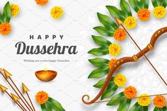 happy dussekra greeting card with flowers and arrows