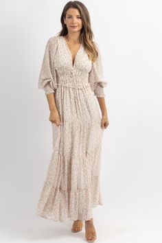 FOREVERMORE FLORAL MAXI DRESS – L'ABEYE Beige V-neck Maxi Dress For Garden Party, Elegant Ditsy Floral Print Maxi Dress For Vacation, Flowy Ditsy Floral Print Maxi Dress, Elegant Beach Maxi Dress With Ditsy Floral Print, Feminine Maxi Floral Dress With Ditsy Print, Feminine Maxi Length Floral Dress With Ditsy Print, Feminine Ditsy Floral Maxi Dress, Flowy Ditsy Floral Maxi Dress, Ditsy Floral Print Maxi Dress For Garden Party