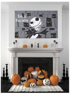 a fireplace decorated for halloween with pumpkins and jack - o'- lantern decorations