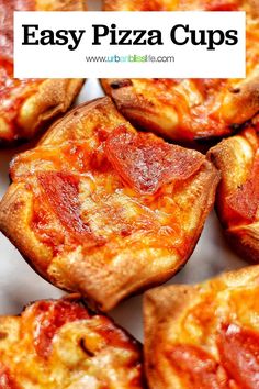 small pizzas with cheese and pepperoni on them sitting on a white plate text overlay says easy pizza cups