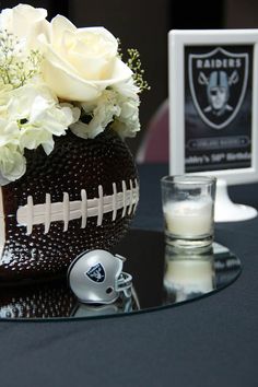 Football Vase, Football Party Centerpieces, Raiders Wedding, Football Wedding Theme, Football Centerpieces, Banquet Centerpieces, Sports Themed Wedding, Football Banquet, Football Wedding